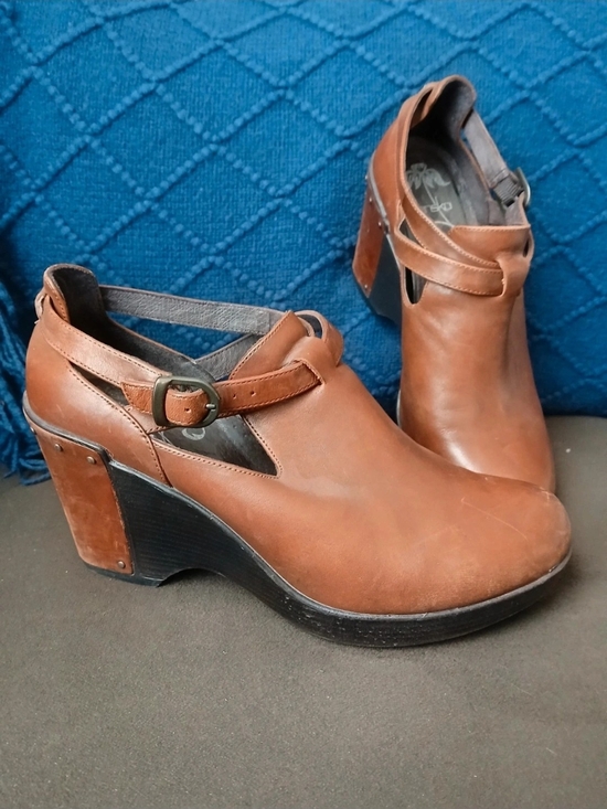 Dansko Shoes - Vintage Dansko Franka Women Brown Leather Wedge Bootie Cutout Buckle Clog Heel